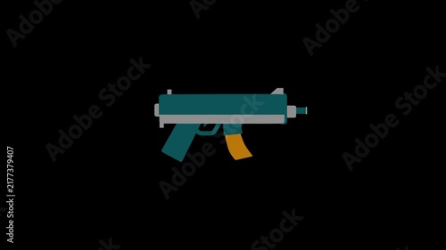 Sub machine gun firing icon animation, compact tactical firearm motion graphic. Military and hunting weapons firing concept animation.
