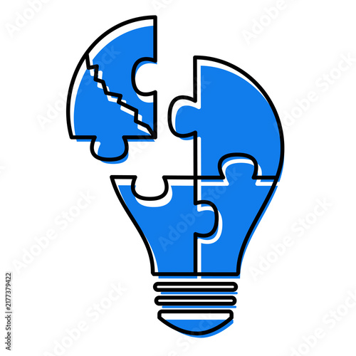 Blue Line Art of a Broken Light Bulb Puzzle, Innovation and Business Problem Solving Concept