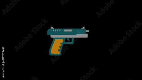 Handgun pistol icon firing animation, semi automatic firearm shooting Military or police weapons concept.
