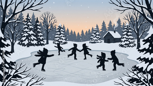Black Winter Silhouette of Children Ice Skating on Frozen Pond with Snow Covered Trees Cheerful Seasonal Vector Illustration