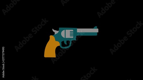 Revolver gun icon shooting animation, classic vintage pistol firearm Military, police weapons firing concept animation.