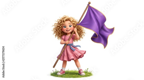 Whimsical Young Girl Character Holding a Flowing Purple Flag