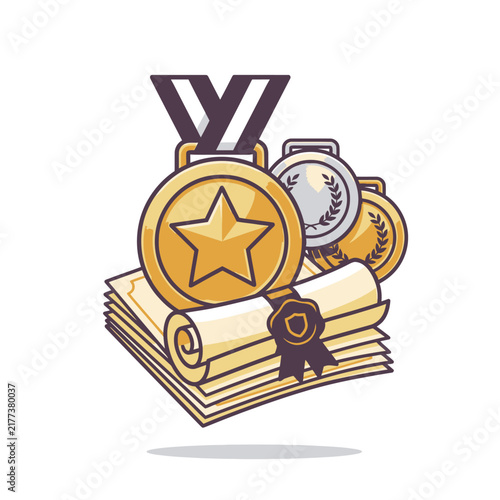 Gold medals stacked on top of diploma scrolls