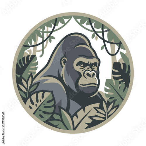 Gorilla head portrait framed by tropical jungle foliage.