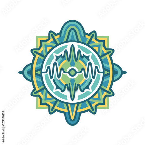 Green and yellow geometric emblem with sound wave center.