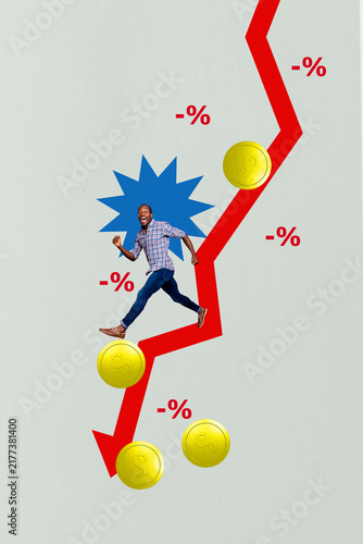 Sketch image art pop trend collage of happy inexperienced businessman run arrow decline statistics dollar capital regress