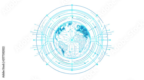 Digital Earth Network: A blue futuristic graphic depicts the Earth at the center, surrounded by concentric circles and connecting nodes, representing global connectivity and technological advancement.