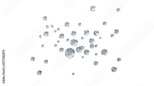 Water Droplets Abstract: A collection of clear, transparent water droplets scattered across a clean white background, creating an abstract and refreshing visual.