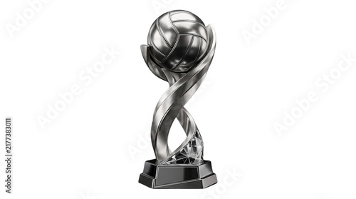 A Silver Volleyball Trophy: A gleaming silver trophy, sculpted in the shape of a volleyball with dynamic swirling ribbons, stands ready to honor sporting excellence.