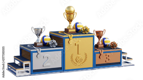 Sports Victory Podium: A detailed, photorealistic representation of a sports victory podium, complete with gold, silver, and bronze medal placements, adorned with volleyballs and trophies.