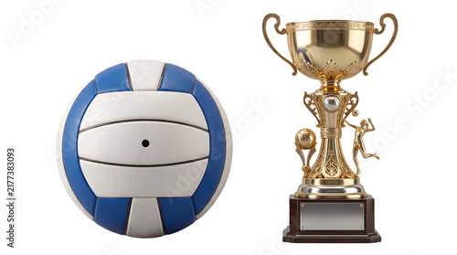 Volleyball Trophy and Ball: A close-up studio shot showcasing a blue and white volleyball positioned next to a gleaming golden trophy, symbolizing victory and athletic achievement.