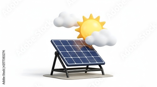 Solar Energy Concept with Photovoltaic Panel, Smiling Sun and Clean Renewable Power Illustration