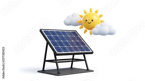  Solar Energy Concept with Photovoltaic Panel, Smiling Sun and Clean Renewable Power Illustration