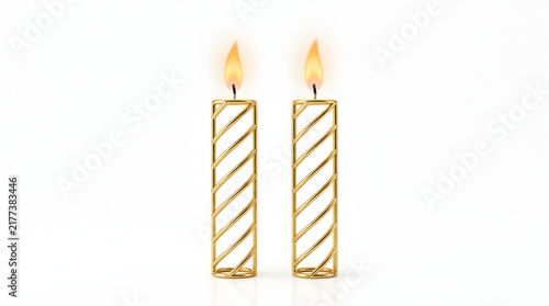 Pair of Elegant Gold Decorative Taper Candles with Lattice Holders Isolated on White