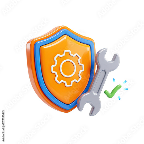 Shield with Gear Icon and Wrench for Technology and Security Concept