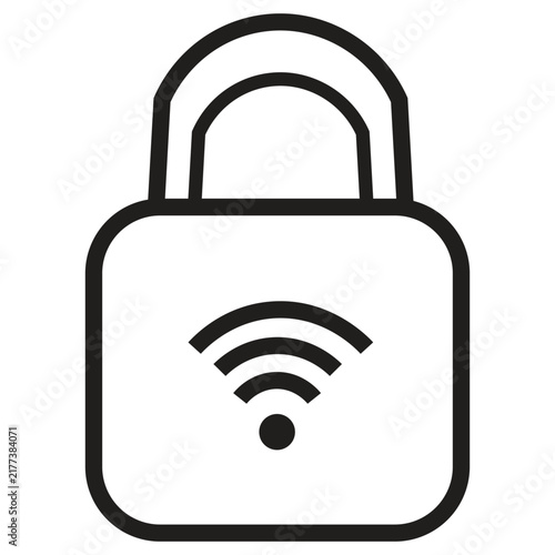 Secure wifi padlock icon, wireless network security symbol, black line art padlock with signal waves, encrypted connection vector