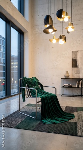 Tapety artystyczne Elegant Green Evening Dress in Modern Luxury Interior.