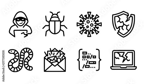 Cybersecurity hacker virus bug worm spam threat outline vector icon set