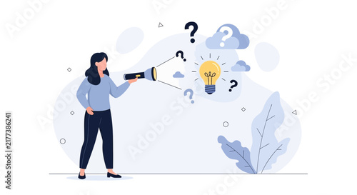 Woman with Flashlight Searching for Ideas, Finding Lightbulb and Solutions Amidst Questions