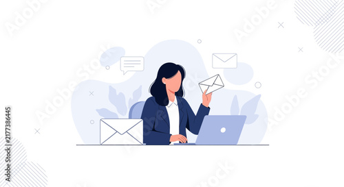Woman working on laptop with envelopes, representing email communication and digital correspondence.