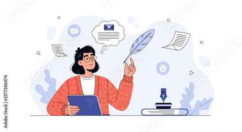 Writer composing message with quill and ink, digital tablet, modern illustration