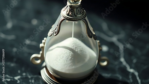 A close-up of an ornate hourglass, the white sand in the top bulb nearly depleted into the black sand below, on a dark marble surface, dramatic side lighting, shallow depth of field, f/5.6.