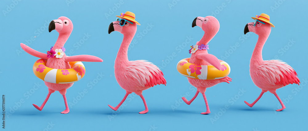 Obraz premium Four cartoon flamingos are walking on a blue background. Three of the flamingos are wearing floaties and two of the flamingos are wearing hats.