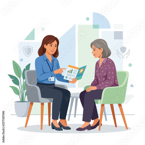 Financial Advisor Explains Benefits to Senior Woman, Insurance Consultation, Retirement Planning