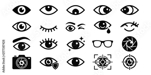 Collection of various black and white eye icons and related visual elements