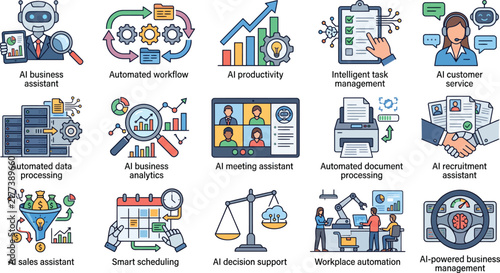 Artificial intelligence icons illustrate modern business automation processes such as data analysis, task management, and customer service.