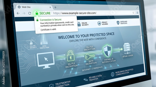 Digital Security: A computer monitor displays a secure website interface, illustrating concepts of online protection, data encryption, and verified connections for safe browsing