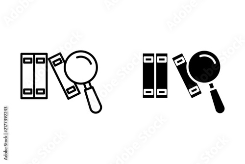 Document search icon set featuring outline and solid file folders with a magnifying glass, representing document inspection, file search, research, document review, information analysis, and data inve