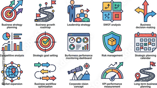 Business strategy icons illustrate professional planning, growth roadmaps, and leadership concepts in a flat color style.