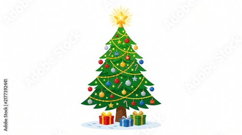 Decorated Christmas Tree with Glowing Star Topper, Colorful Baubles, Lights, and Gift Boxes Vector Illustration