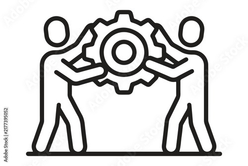Linear vector icon of two stylized people working together to turn a large mechanical gear wheel