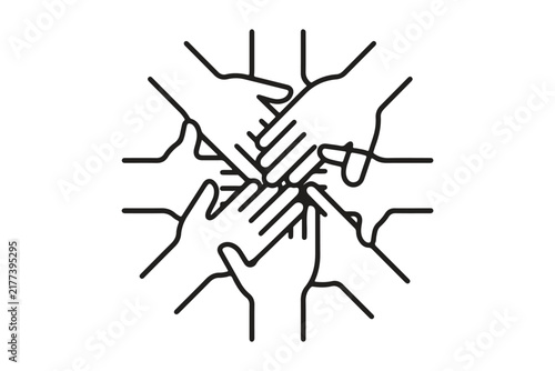 Monochrome outline vector graphic illustration of multiple diverse hands stacked together in unity