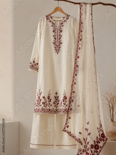 Maroon Botanical Embroidered Kurta Set Hanging on Wooden Hanger – Elegant Indian Ethnic Fashion