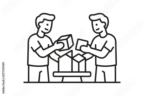 Two people building a small house model together using blocks in outline icon style with constructionArt & Illustration