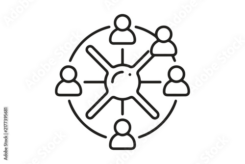 Network of people connected in a circle around a central hub icon style illustration with connection