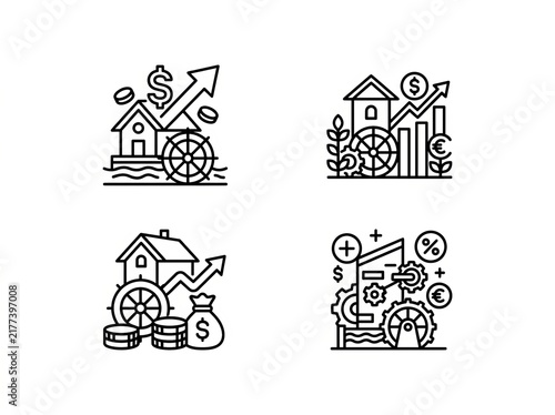 Vector illustration of four different horse breeds in black and white.