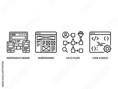 Minimalist infographic icons set for mobile app development process.