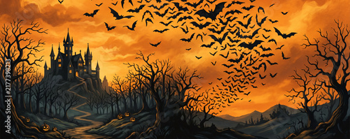 Spooky Halloween Graveyard with Haunted Castle, Bats and Dark Tree Silhouettes