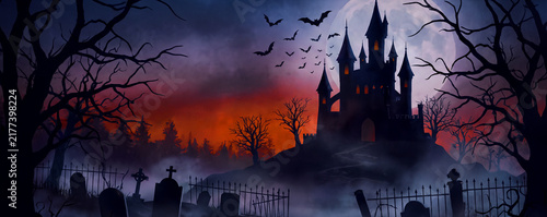 Spooky Halloween Graveyard with Haunted Castle, Bats and Dark Tree Silhouettes