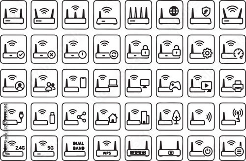 Wireless Router and WiFi Network Connectivity Icon Set for Internet Technology