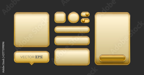Golden glossy UI kit with various buttons and toggle switches on a dark background. Premium user interface elements for web or app design.