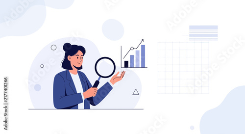 Businesswoman analyzing financial growth chart with magnifying glass, data analysis, research, and strategy concept