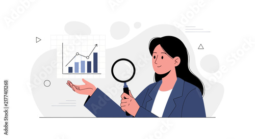 Businesswoman Analyzing Financial Growth Chart with Magnifying Glass - Vector Illustration