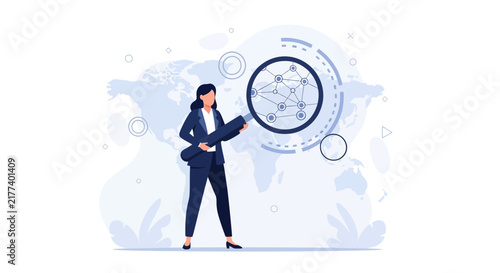 Businesswoman examining global network connections with a magnifying glass, representing data analysis and technology.