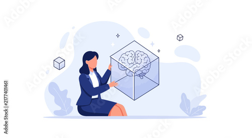 Businesswoman holding a transparent cube containing a human brain, symbolizing innovation, intelligence, and idea generation in modern business.