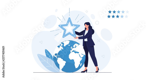 Businesswoman holding a star above a globe, symbolizing global success, strategy, and achievement with a modern flat illustration style.